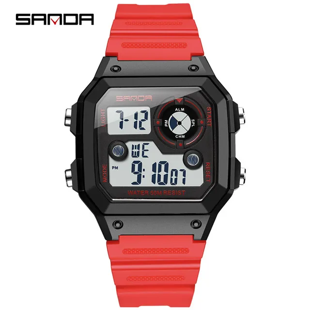 red SANDA Брендовые мужские спортивные часы, модные часы Chronos обратного отсчета, мужские водонепроницаемые светодиодный цифровые часы, мужские военные часы, мужские часы - Цвет: red