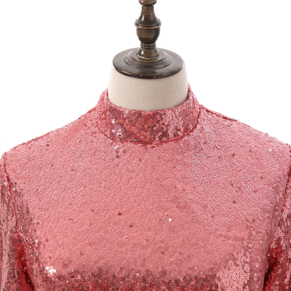 

Fuchsia Muslim Evening Dresses Mermaid Long Sleeves Sequins Sparkle Islamic Dubai Kaftan Saudi Arabic Long Evening Gown