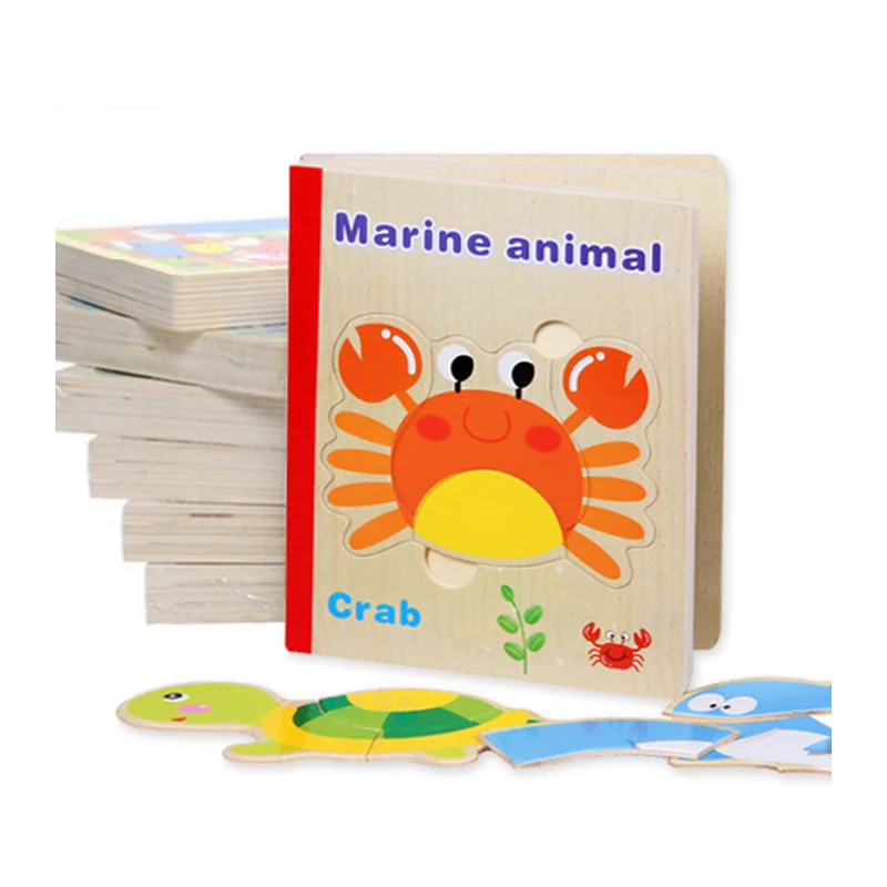 Деревянные мультфильм животных детское чтение книг Пазлы когнитивные 2 в 1