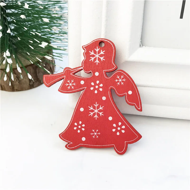 Angel Red Новинка 10 шт белые красные рождественские елочные орнаменты деревянные подвесные подвески АНГЕЛ/олень/Рождественская елка/звезда рождественские украшения для дома - Цвет: Angel Red