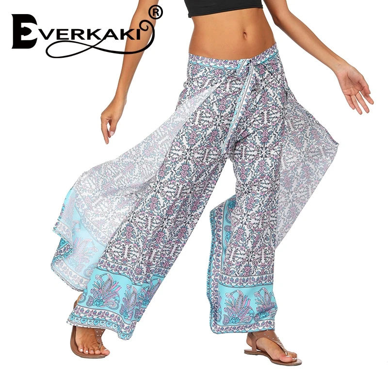 Everkaki Casual High Waist Wide Leg Pants Women 2019 Summer Beach Split Trousers Female Holiday Vintage Floral Prints | Женская одежда