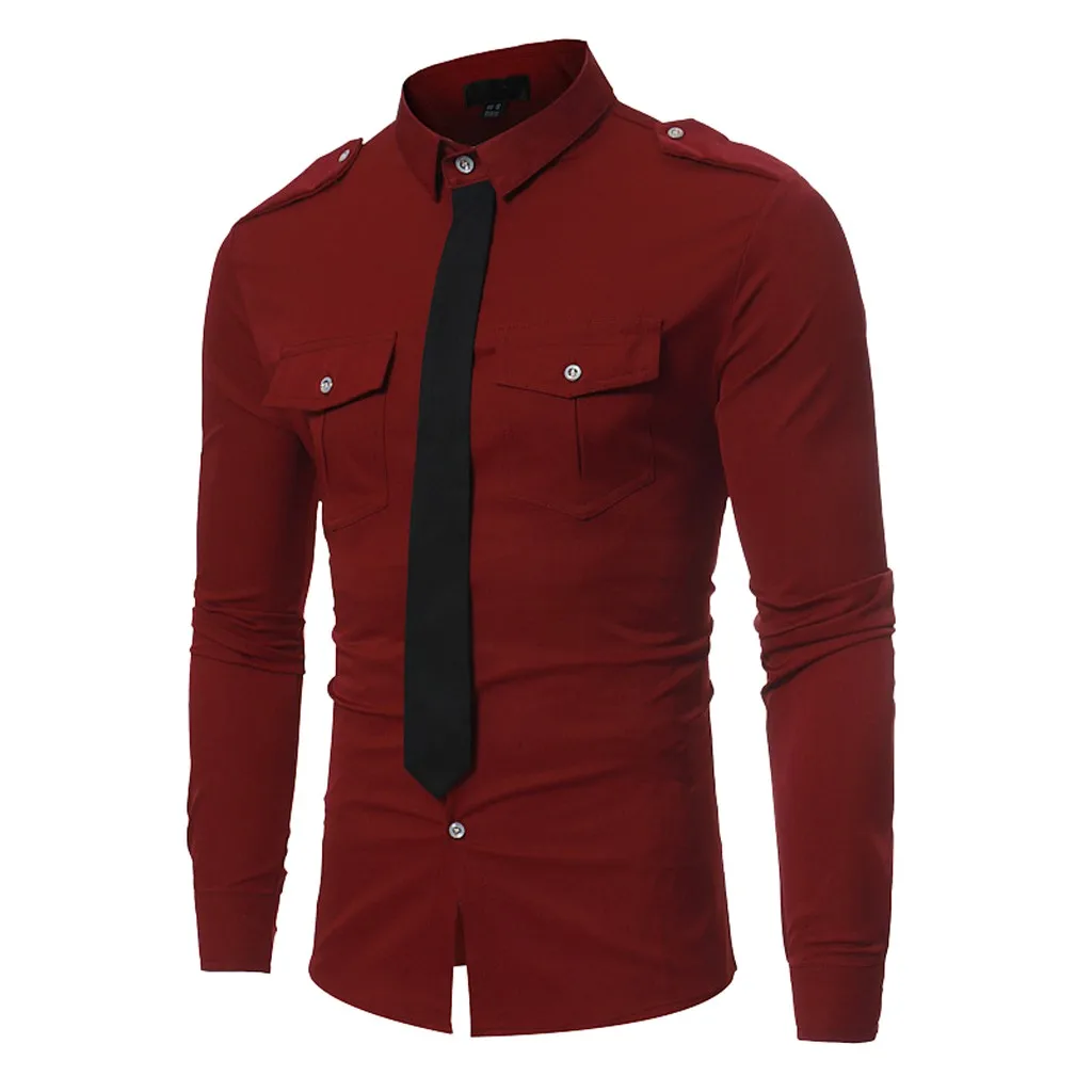Весенние осенние мужские рубашки Slim Fit повседневные с длинным рукавом поддельный галстук Мужская рубашка сплошной цвет черно-белая блузка Топы Одежда
