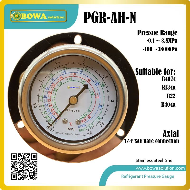 3.8MPa high refrigerant pressure gauge with axial front flange installation is used for various gas, replace Refco or LR gauges