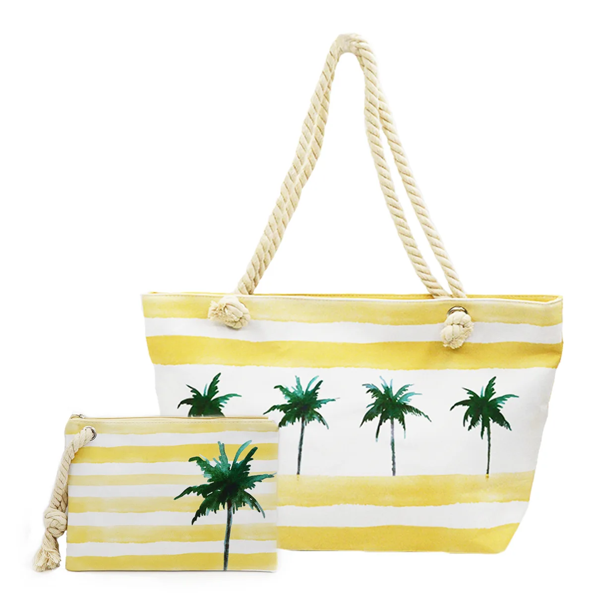 BONAMIE 2Pcs/lot Flamingo Women Tote Handbags Canvas Female Single Shoulder Bags Casual Hemp Rope Beach Bags Set Wet Bikini Bag