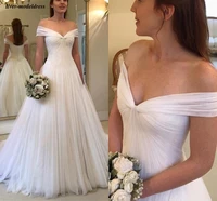 2020 off shoulder plus size wedding dresses bridal gowns a line sweep train tulle pleats customized elegant robe de mariee
