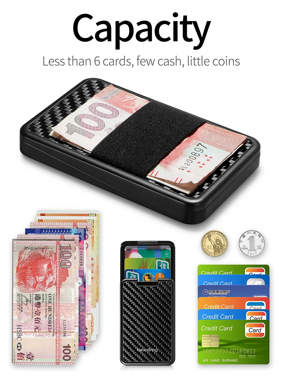 NewBring держатель для карт RFID Блокировка раздвижные бумажник пластик карты деньги Чехол кошелек углерода волокно для муж