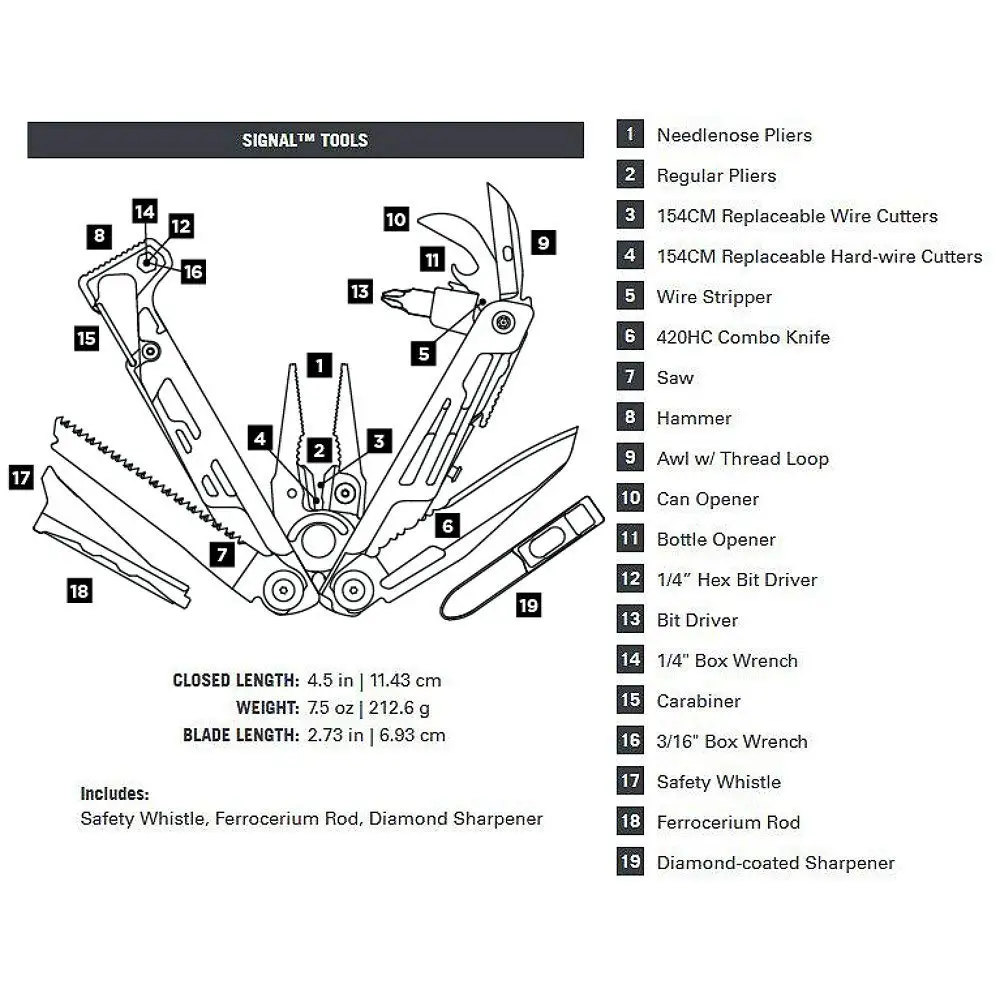 Мультитул LEATHERMAN-SIGNAL Camping с пожарным стартером, молотком и аварийным свистком-8 цветов