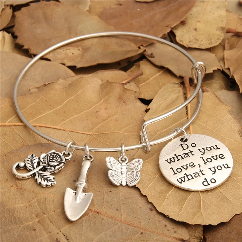 

1pc Flower With Butterfly Pendant Shovel Charms Wire Bangle Bracelet Jewelry For Gardener E1096