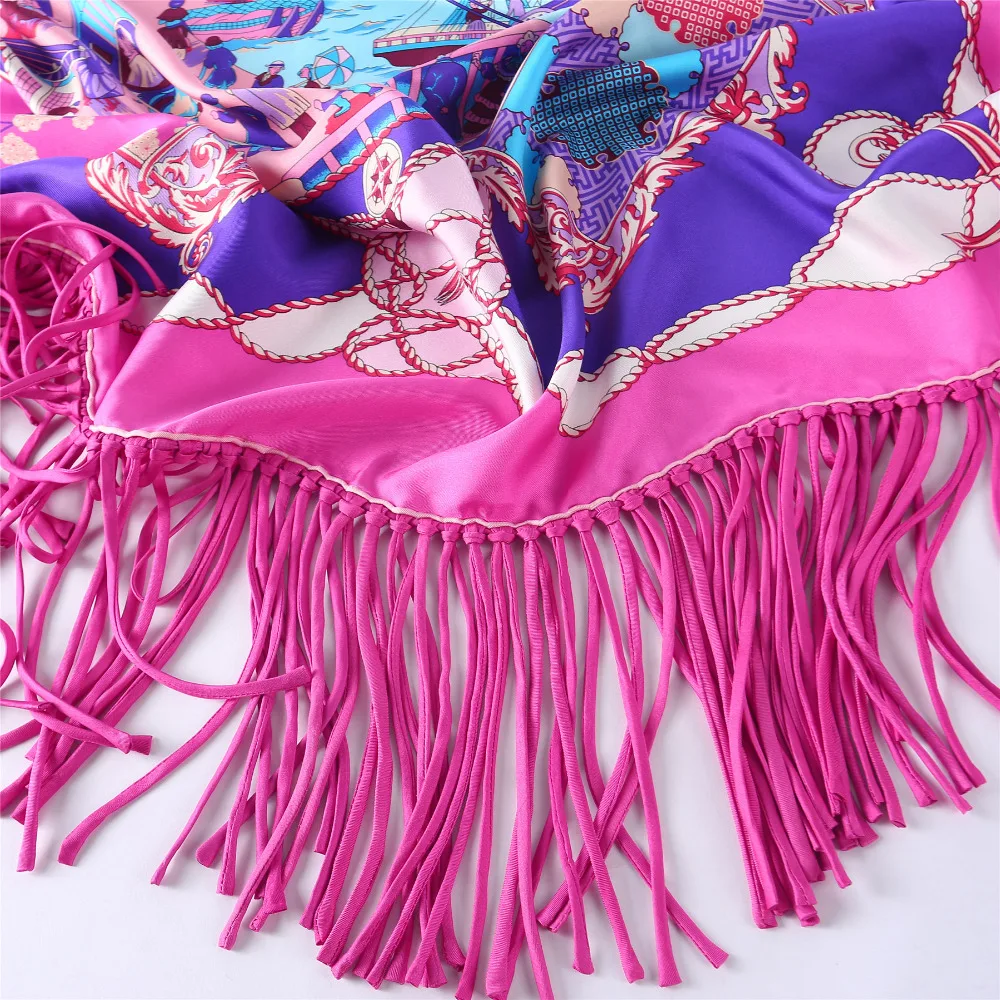 Manual made edge decorated with luxury tassel fur original design 100% silk twill women scarf Triangle lady holiday | Аксессуары для