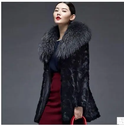 Women Black Faux Raccoon Fur Collar Jackets Long Section Fashion Female Coat Casaco Feminino Man-Made Coats K432 | Женская одежда