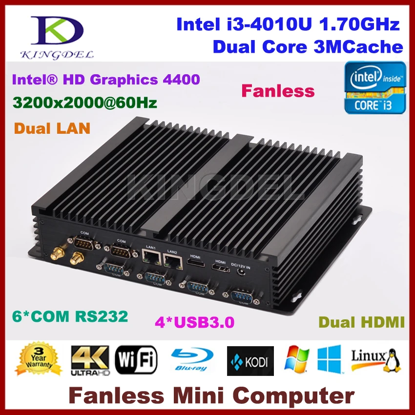 

Fanless desktop pc Windows 10 OS Intel Core i3 4010U, 2 HDMI 2 Gigabit LAN 6 COM RS232, WiFi,4G RAM+64G SSD NC310