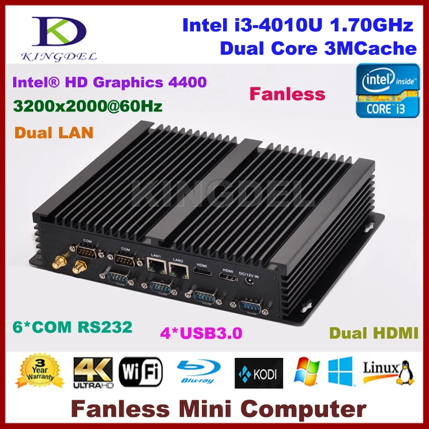 Настольный ПК без вентилятора ОС Windows 10 Intel Core i3 4010U 2 HDMI Gigabit LAN 6 COM RS232 WiFi 4G RAM + 64G SSD