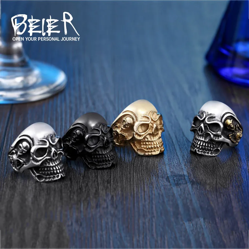 BEIER Dropshipping Fashion Stainless Steel Rings For Man Big Tripple Skull Ring Punk Biker Jewelry BR8-068