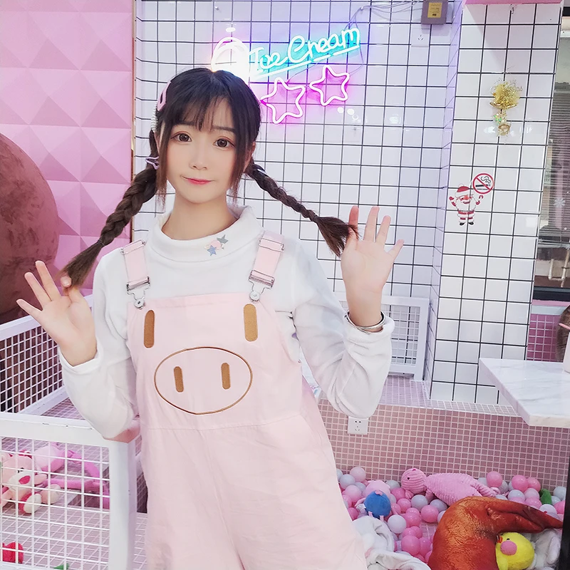 Японские милые животные розовые женский комбинезон Kawaii оборки для девочек комбинезоны милые свиньи брюки с вышивкой повседневные брюки