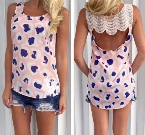 2017 Женский жилет с принтом асимметричный узор топы открытой спиной без рукавов