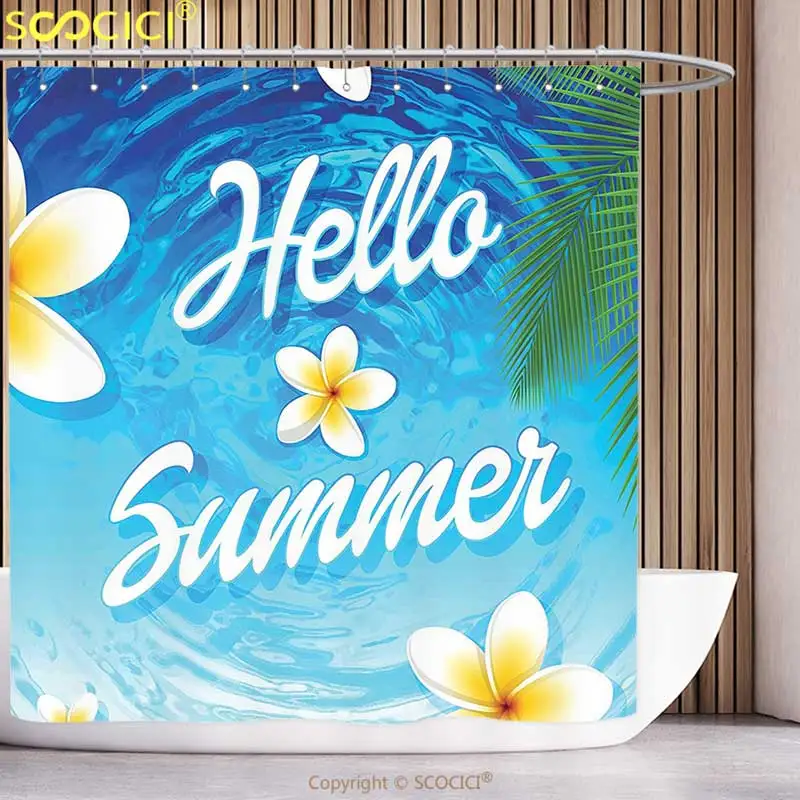 

Стильная занавеска для душа, повседневный декор, Hello Summer, цитата с пальмовыми листьями, Плюмерия, цветы на океане, иллюстрация синего цвета