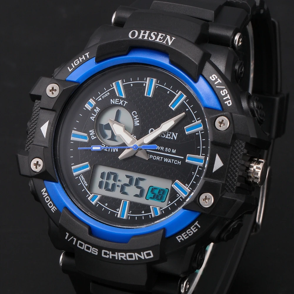 OHSEN Luxury Brand for Men Digital Dual Core Blue Case Date Alarm Stopwatch Quartz Rubber Band Sport Mens Watch /OHS245 | Наручные часы