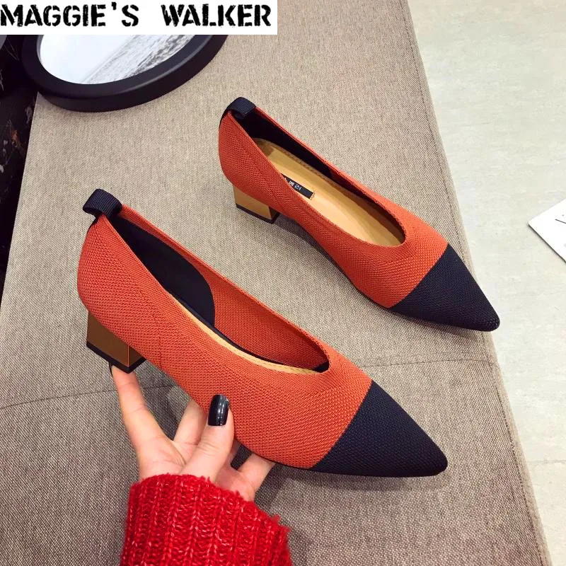 

Maggie's Walker/женские весенние вязаные туфли на танкетке с острым носком на высоком каблуке дышащие плетеные разноцветные туфли на высоком кабл...