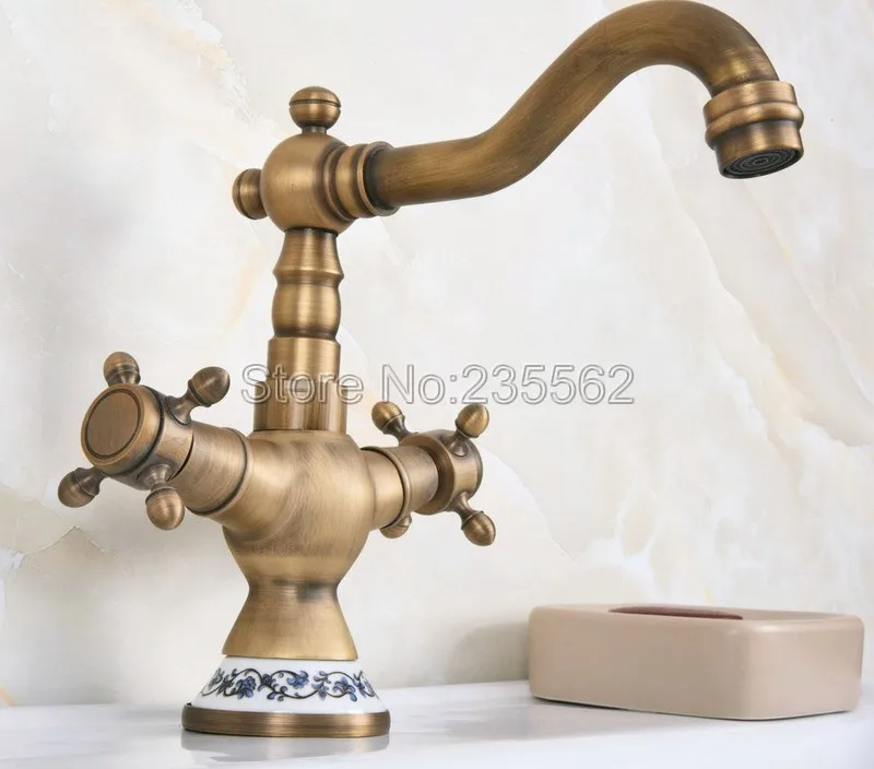 

Basin Faucet Antique Brass Dual Cross Handle Bathroom Sink Swivel Mixer Tap Hot and Cold Water Faucets Lnf601