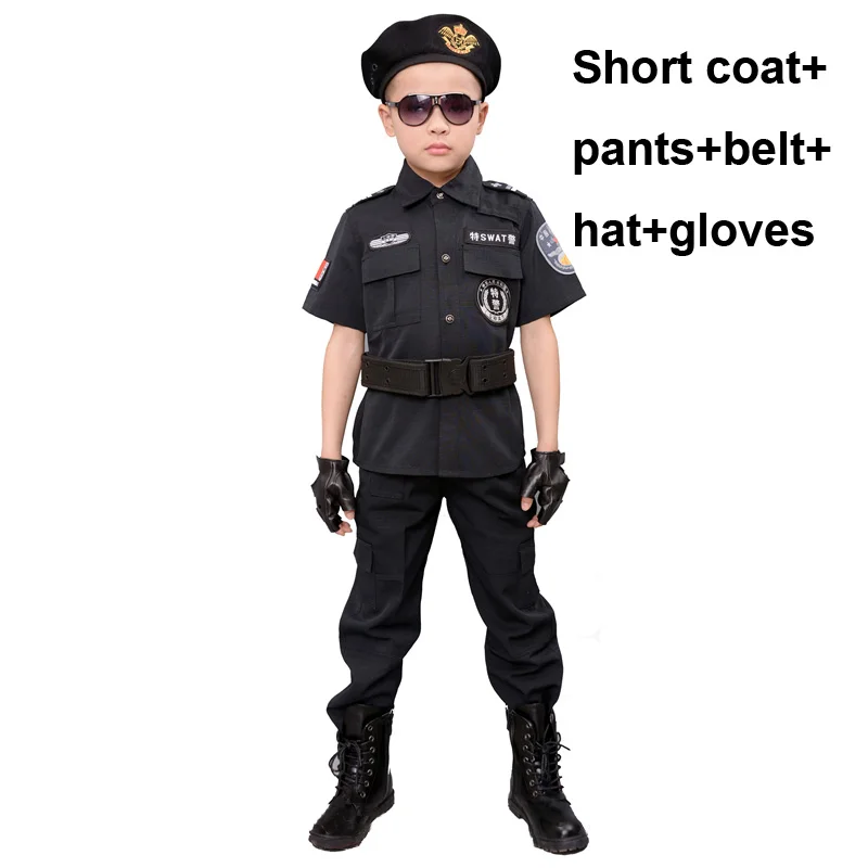 Set Belt Gloves Hat Полицейская детская униформа для мальчиков; Детские костюмы для костюмированной вечеринки; специальная армейская военная форма; представление в детском саду; комплект одежды - Цвет: Set Belt Gloves Hat
