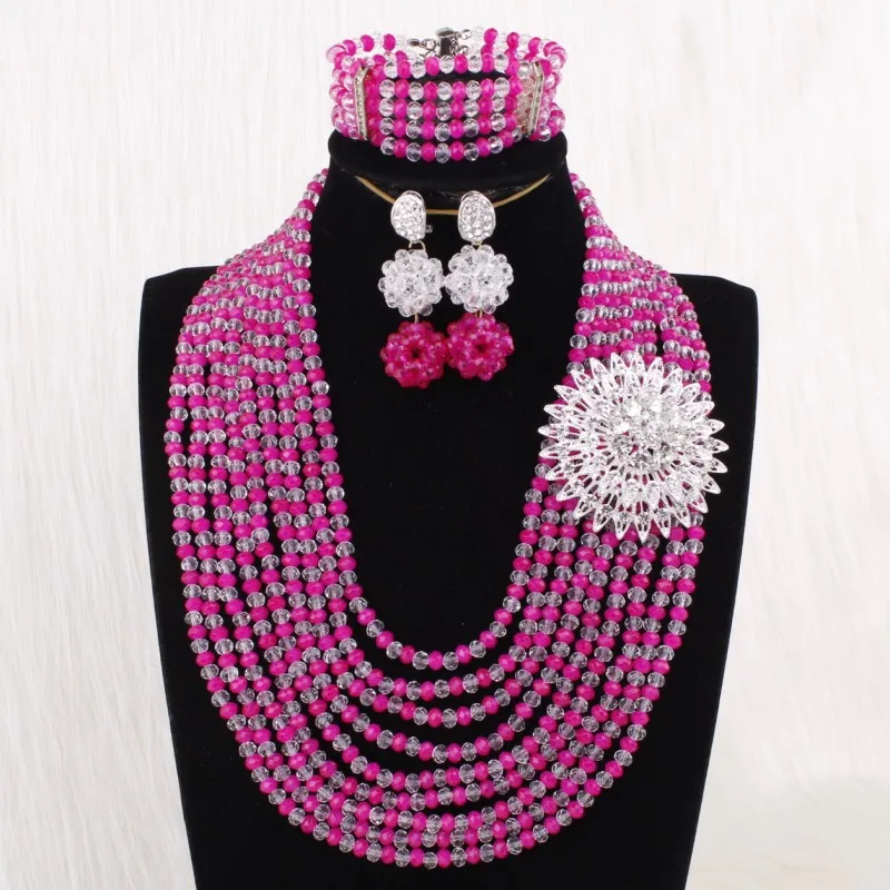 Комплект ювелирных украшений 4 шт. фуксия и белый бисер свадебное ожерелье в