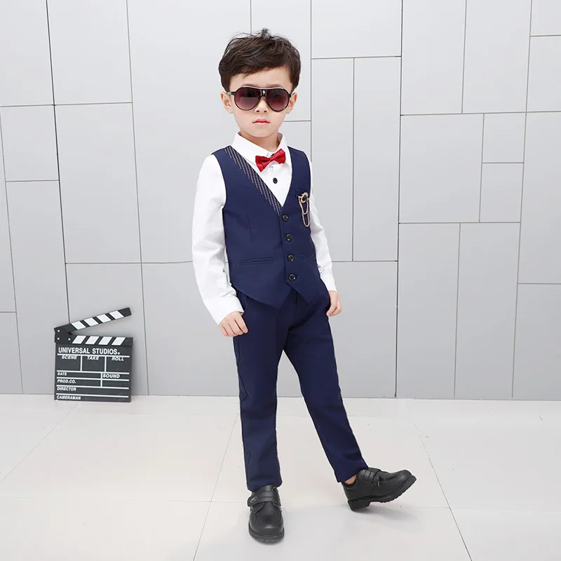 A navy Boys Fashion Short Suits Vest Pants Set Kids Slim Fit 2pcs Suit Set For Boys Formal Classic Costume Wedding Birthday Party Suit - Цвет: A navy