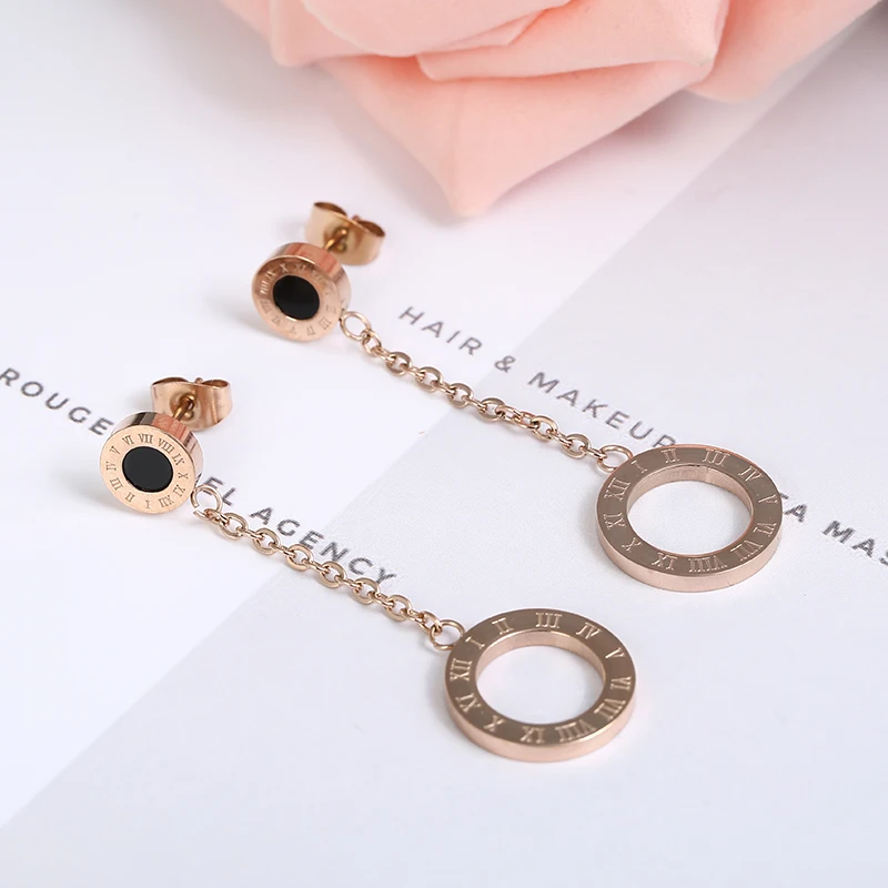 Fashionable Stainless Steel Rose Gold Color Roman Number Figure Round Dangle Tassel Earrings Korean Long Earring | Украшения и