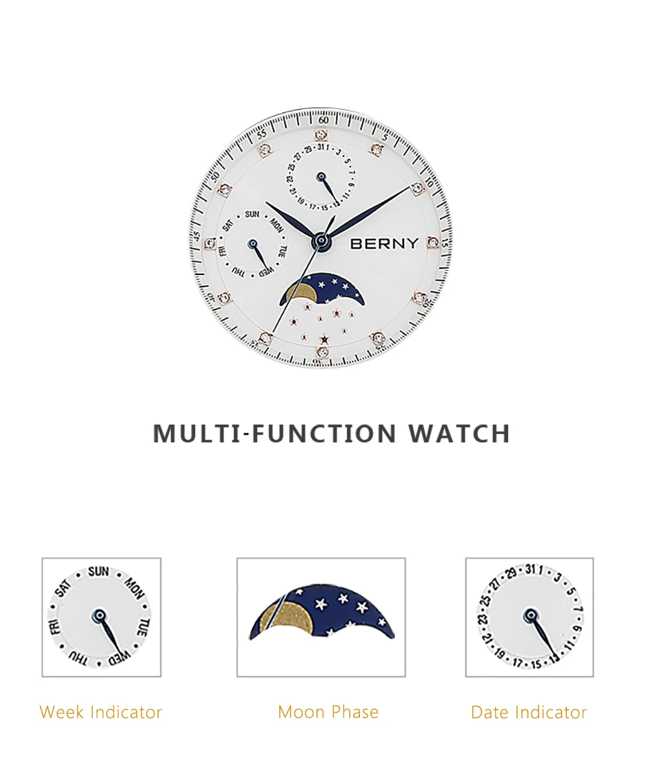 Япония Moon Phase кварцевые часы для женщин модные повседневные часы Роскошные розовое золото кожа водонепроницаемый дамы кварцевые наручные часы 2160L