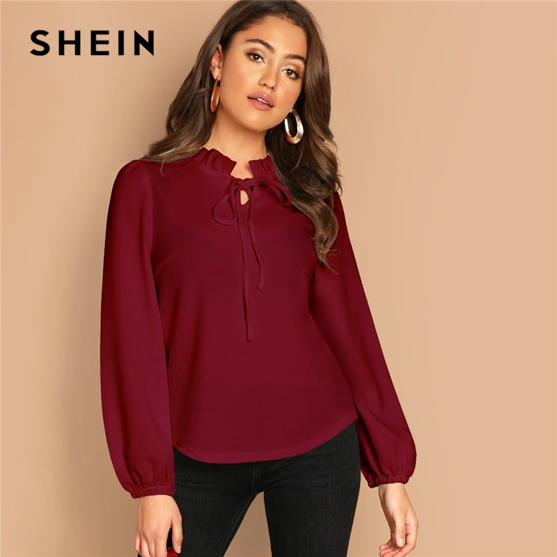 SHEIN Однотонный Топ C Оригинальным Воротником Женская Классическая Блузка С Длинным Рукавом И Стоячим Воротником