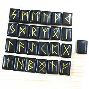 Black Onyx Горячее предложение! Распродажа! Meet 25 шт. натуральный зеленый авантюрин хрустальный камень руны викингов амулет набор рейки целебные кристаллы гадание обрушиваемые камни - Окраска металла: Black Onyx