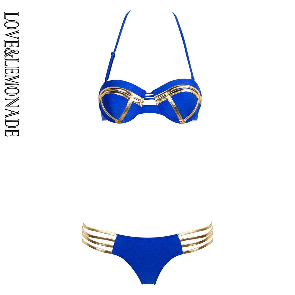 LOVE & LEMONADE сексуальный синий и золотой топ труба из двух частей с вырезом бикини