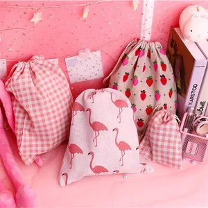 Ручной шнурок сумка с рисунком фламинго, с клубничным рисунком, из хлопка и льна сумка для хранения упаковки дорожная сумка женская маленькая тканевая сумка 1 шт.