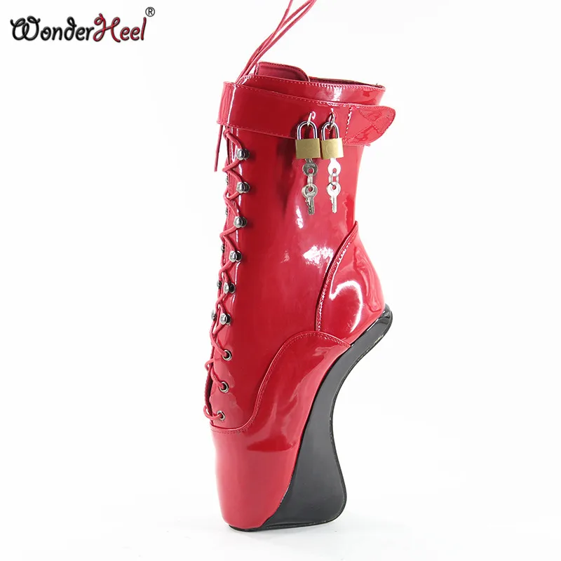 Wonderheel/ботильоны на очень высоком каблуке 7 дюймов; красная обувь на танкетке; пикантная обувь на высоком каблуке; черные лакированные балетки; ботинки с замком - Цвет: Красный
