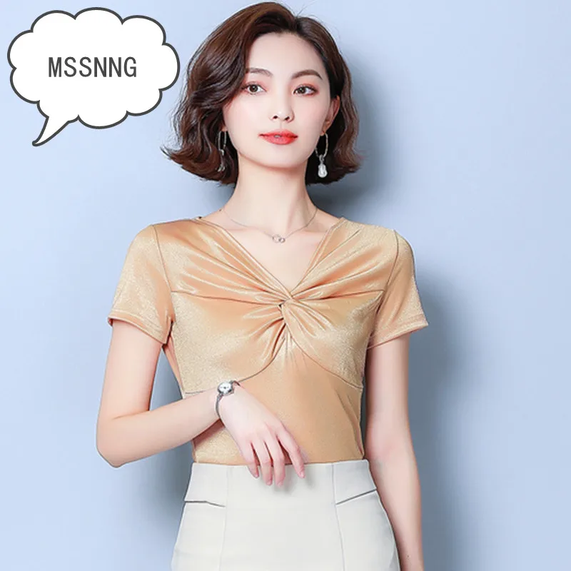 Женская однотонная приталенная рубашка с v-образным вырезом футболка коротким