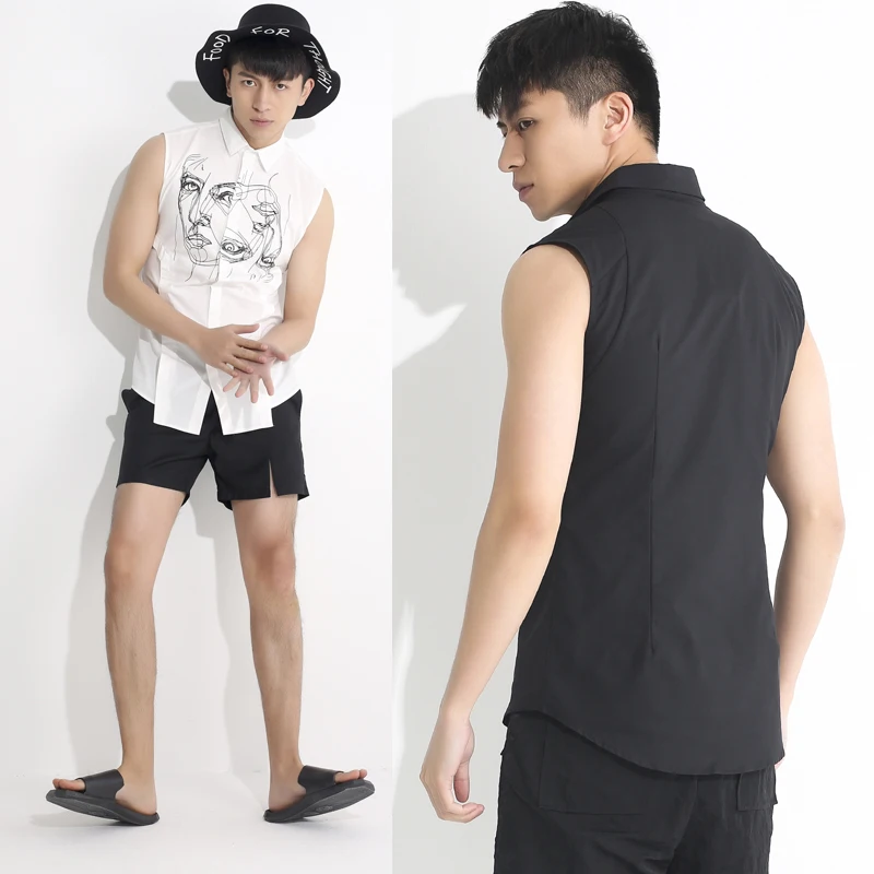 Летняя мода печать рубашка без рукавов мужская Тонкая Корейская волосяная