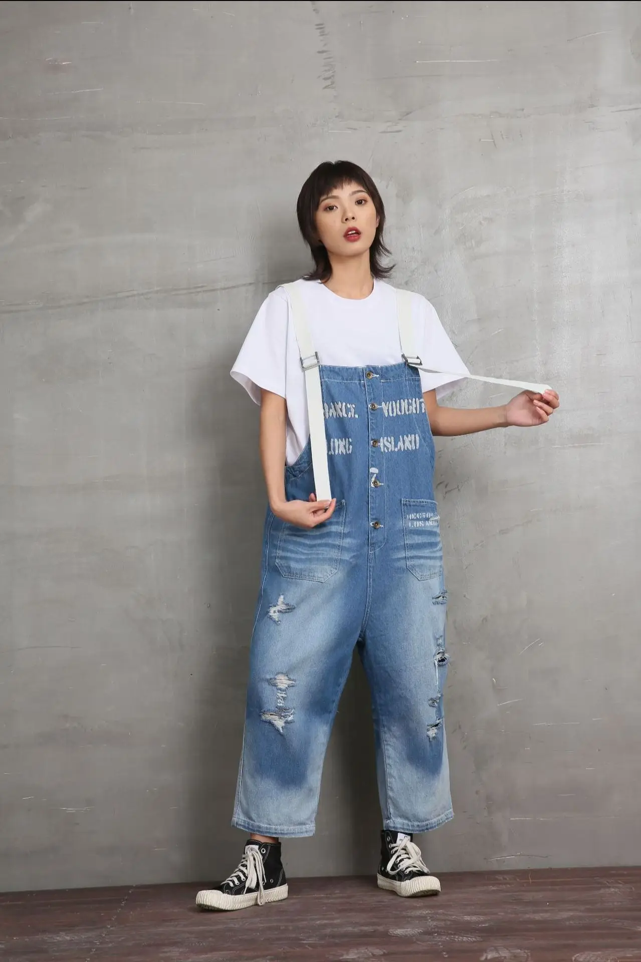 Fashion Vintage Letter Blue Bib Pants Woman Summer 2019 New Japanese Style Large Size Make Old Casual Jeans XL-01 | Женская одежда