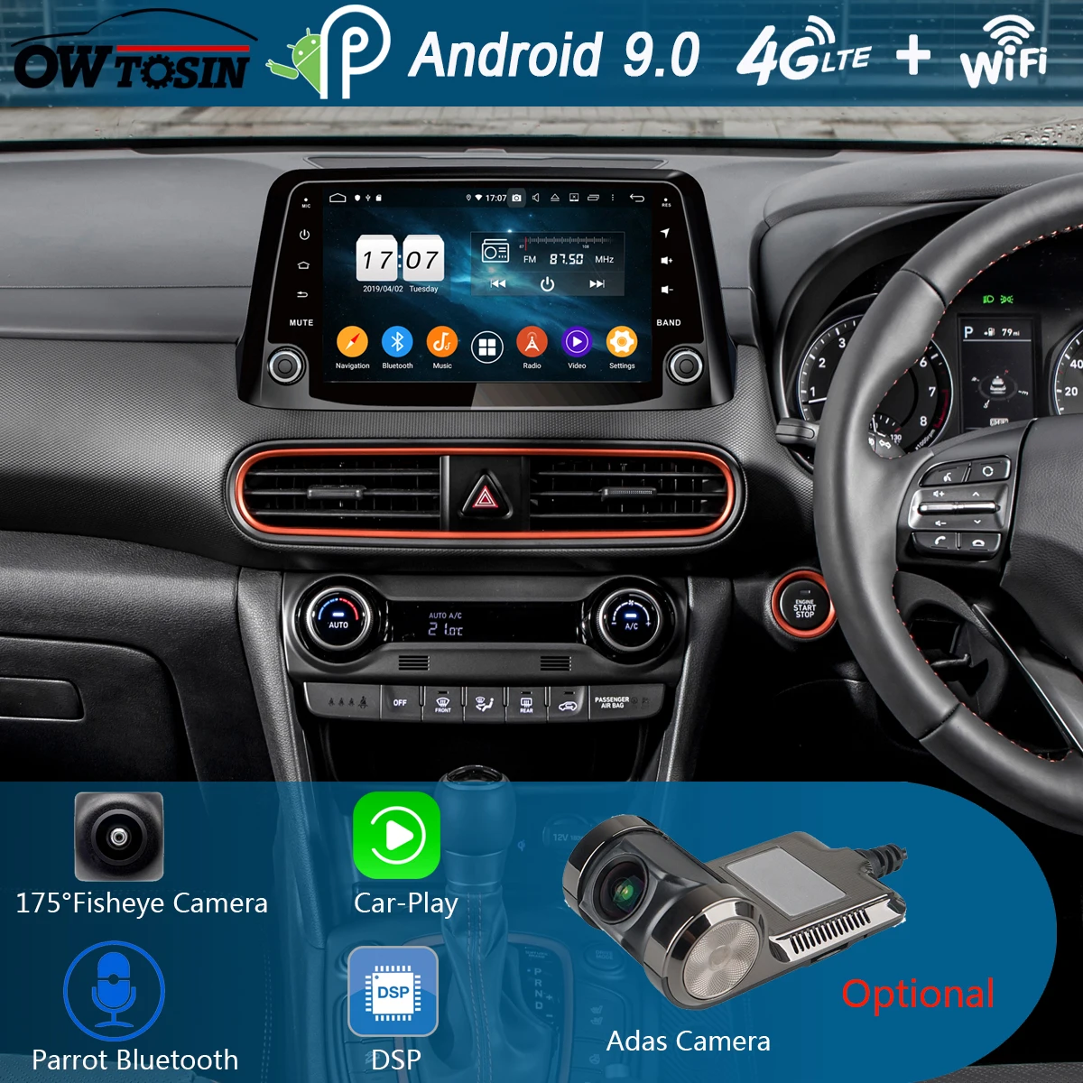 9 &quotIPS 8 Core 4 Гб RAM + 64 ROM Android 0 Автомобильный DVD радио GPS для Hyundai KONA 2017 2018 DSP CarPlay Parrot BT