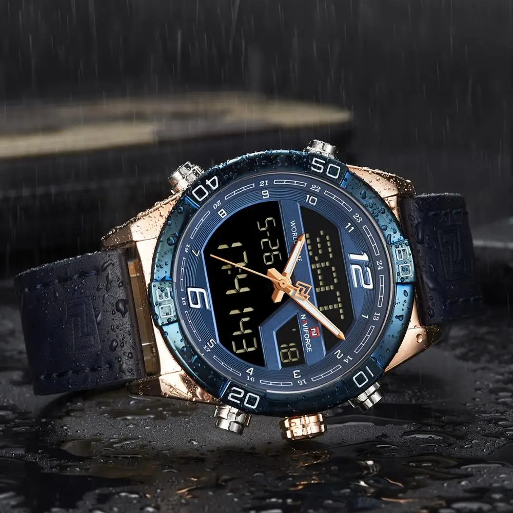 NAVIFORCE Dual Time Кварцевые часы Мужские аналоговые цифровые модные синие мужские