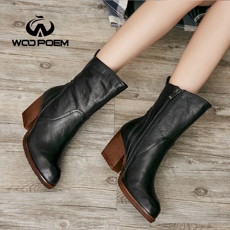 Сапоги женские из натуральной кожи на высоком каблуке до середины икры|genuine leather