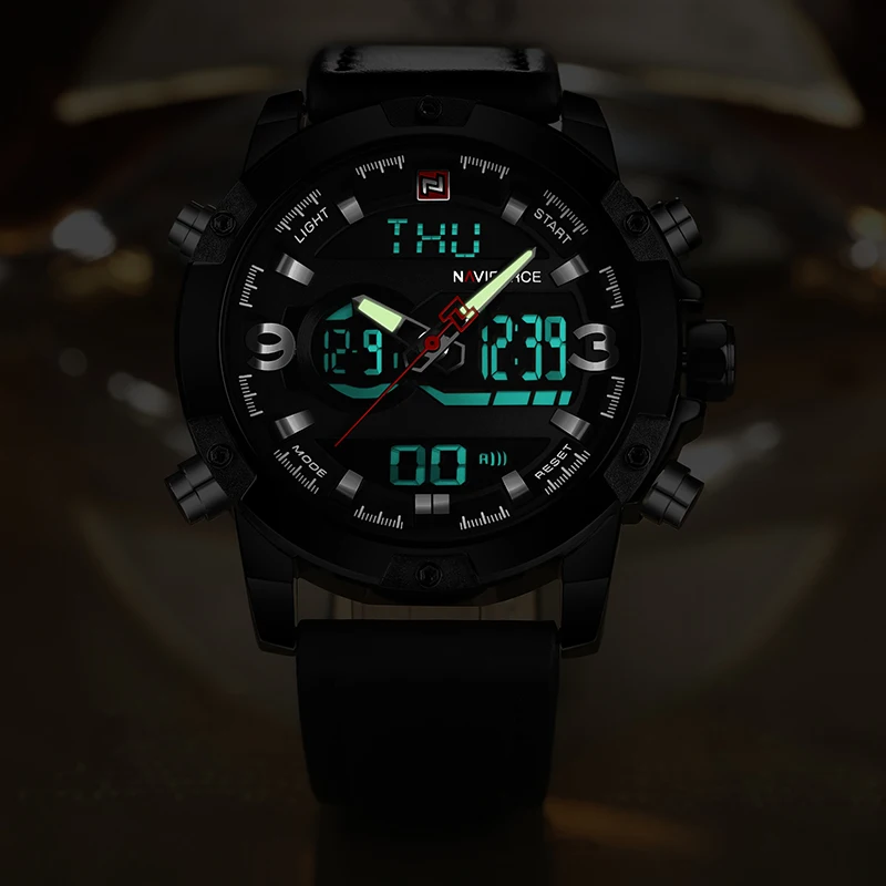 NAVIFORCE Роскошные Брендовые мужские Аналоговые Цифровые кожаные спортивные часы