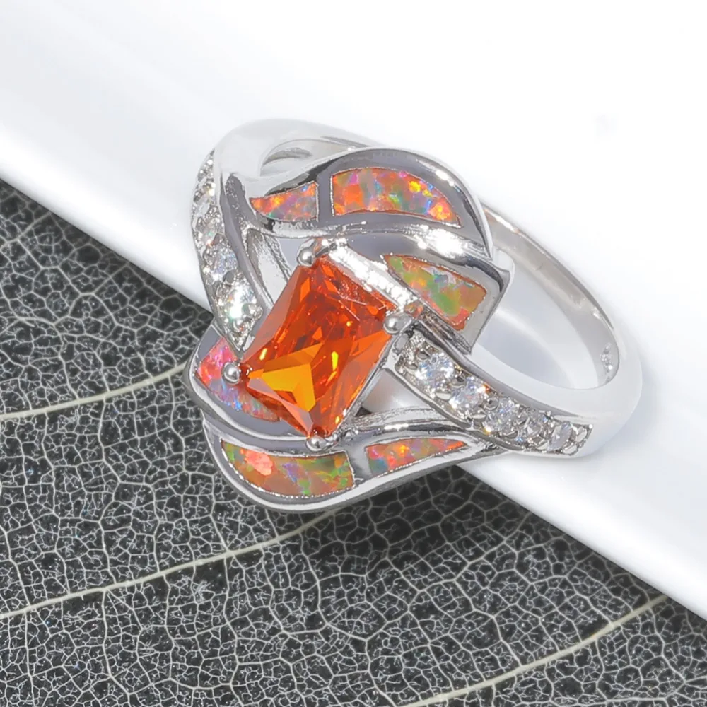 Кольцо на палец CiNily Orange Fire Opal с фианитами и кристаллами посеребренное покрытие