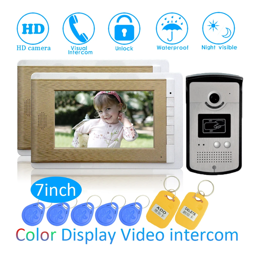 Видеодомофон с разблокировкой RFID картой цветным монитором 7 дюймов 1 комплект|video