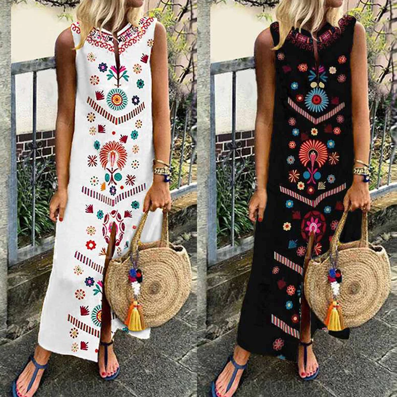 Для женщин летние flpral Boho Повседневное длинное вечерние коктейльное пляжное платье Открытое платье без рукавов, из набивной ткани, с Разделение в этническом стиле платье