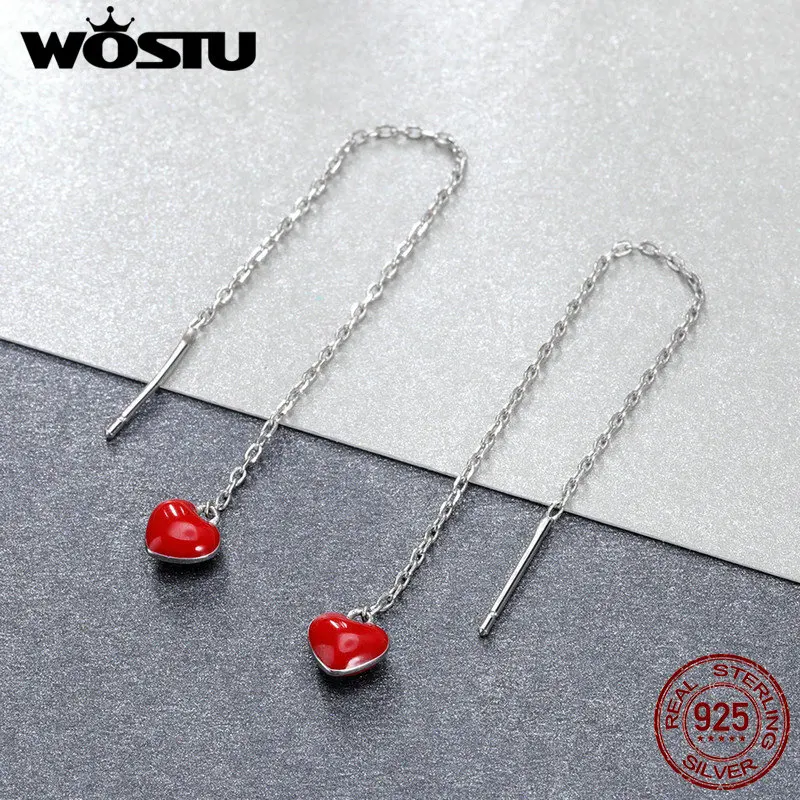 WOSTU,, настоящее 925 пробы, серебряные, милые, красное сердце, эмаль, длинные висячие серьги для женщин, модные серьги, ювелирное изделие CSE150
