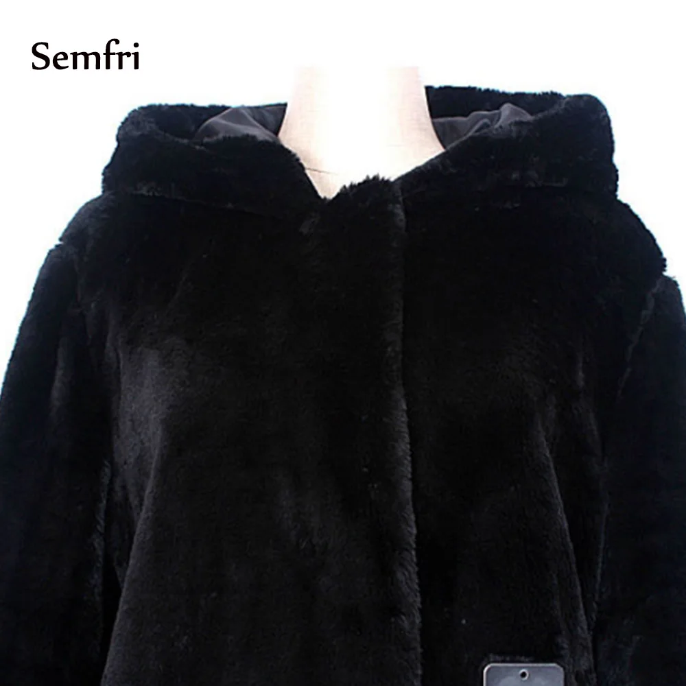semfri Winter Autumn Women Hooded Faux Fur Coat Fashion Warm Long-sleeved Loose Black Female Flocking Cotton Jacket | Женская одежда