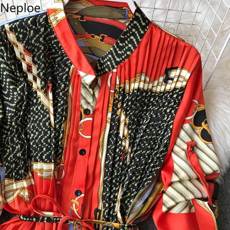 Nepole Цветочный принт одежда с длинным рукавом женское платье из гофрированного