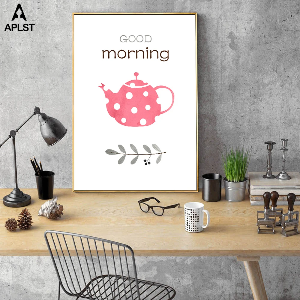 Первый Кофе письма печать и Плакаты доброе утро чайник Холст Wall Art картина