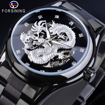 Forsining Silver Dragon Skeleton Automatic Mechanical Men Wrist Watch Full Stainless Steel Strap Clock Waterproof Men's watches-111105