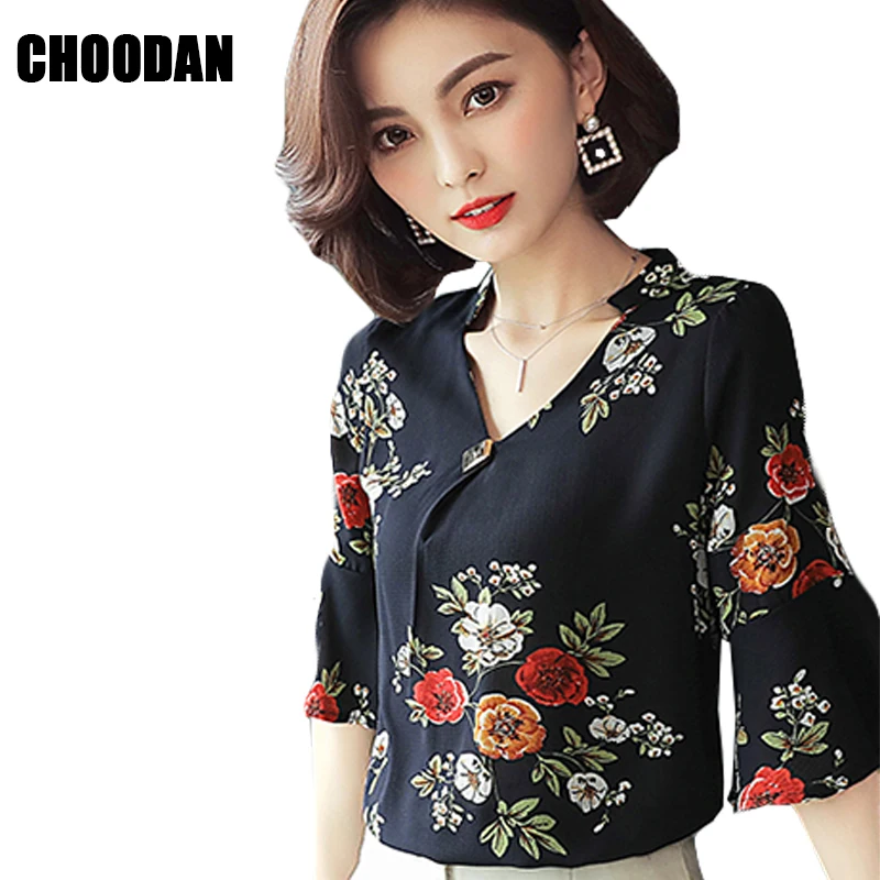 Black Blouse Women V neck Flare Sleeve Shirt Flower Printed Short Chiffon Summer Tops 2018 Female Korean Fashion Clothing |
