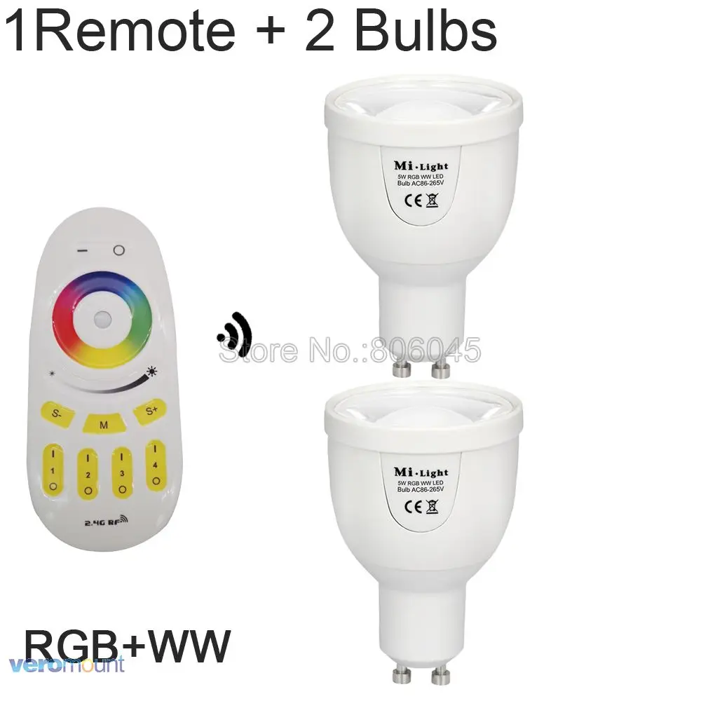 1Remote 2Bulb WW AC86-260V 2,4G GU10 5W RGBCW или RGBWW WiFi Светодиодный точечный светильник Milight FUT018 2,4G беспроводной пульт дистанционного управления/управление через WiFi - Испускаемый цвет: 1Remote 2Bulb WW